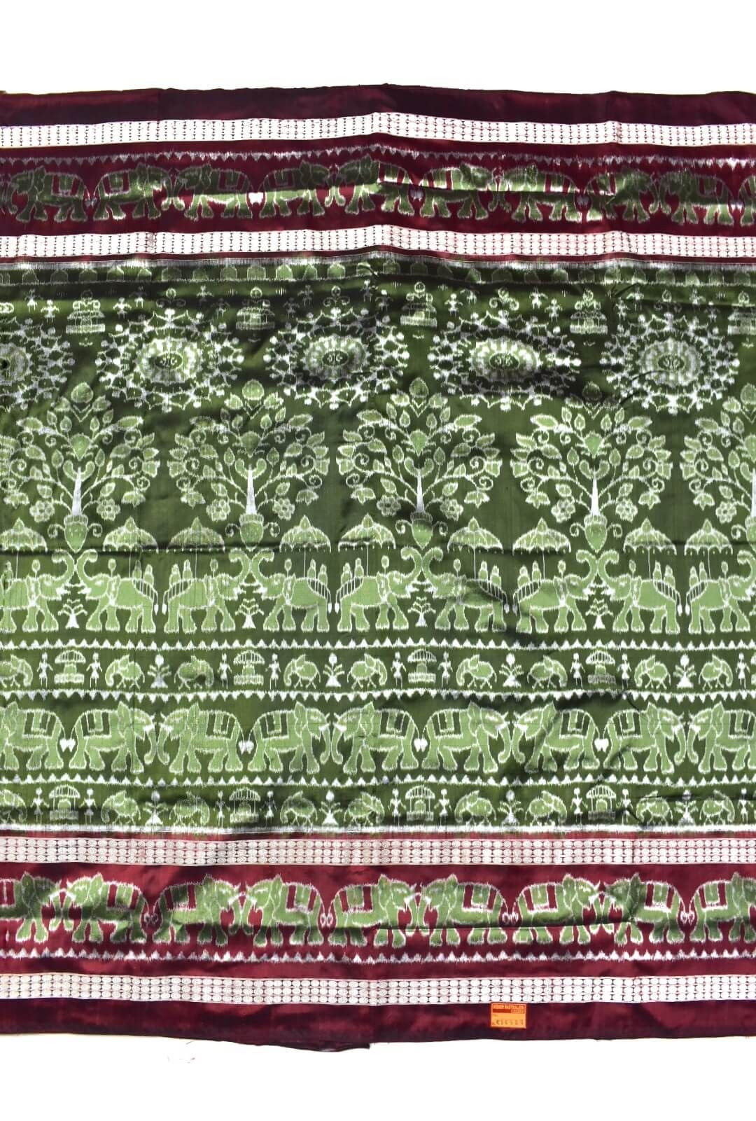 Mahendi Colour Elephant Design Double Border Sambalpuri Handloom Bandha Silk Saree