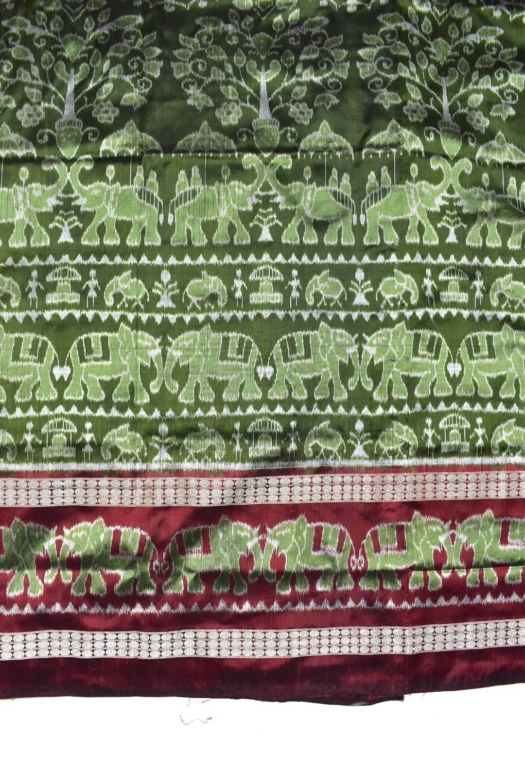 Mahendi Colour Elephant Design Double Border Sambalpuri Handloom Bandha Silk Saree - Image 4