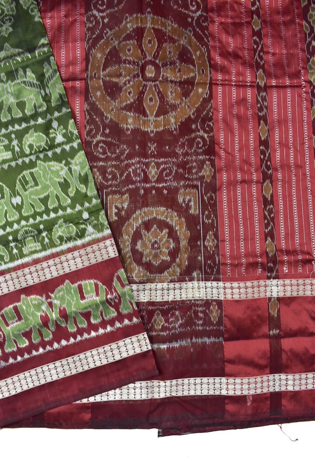 Mahendi Colour Elephant Design Double Border Sambalpuri Handloom Bandha Silk Saree - Image 3