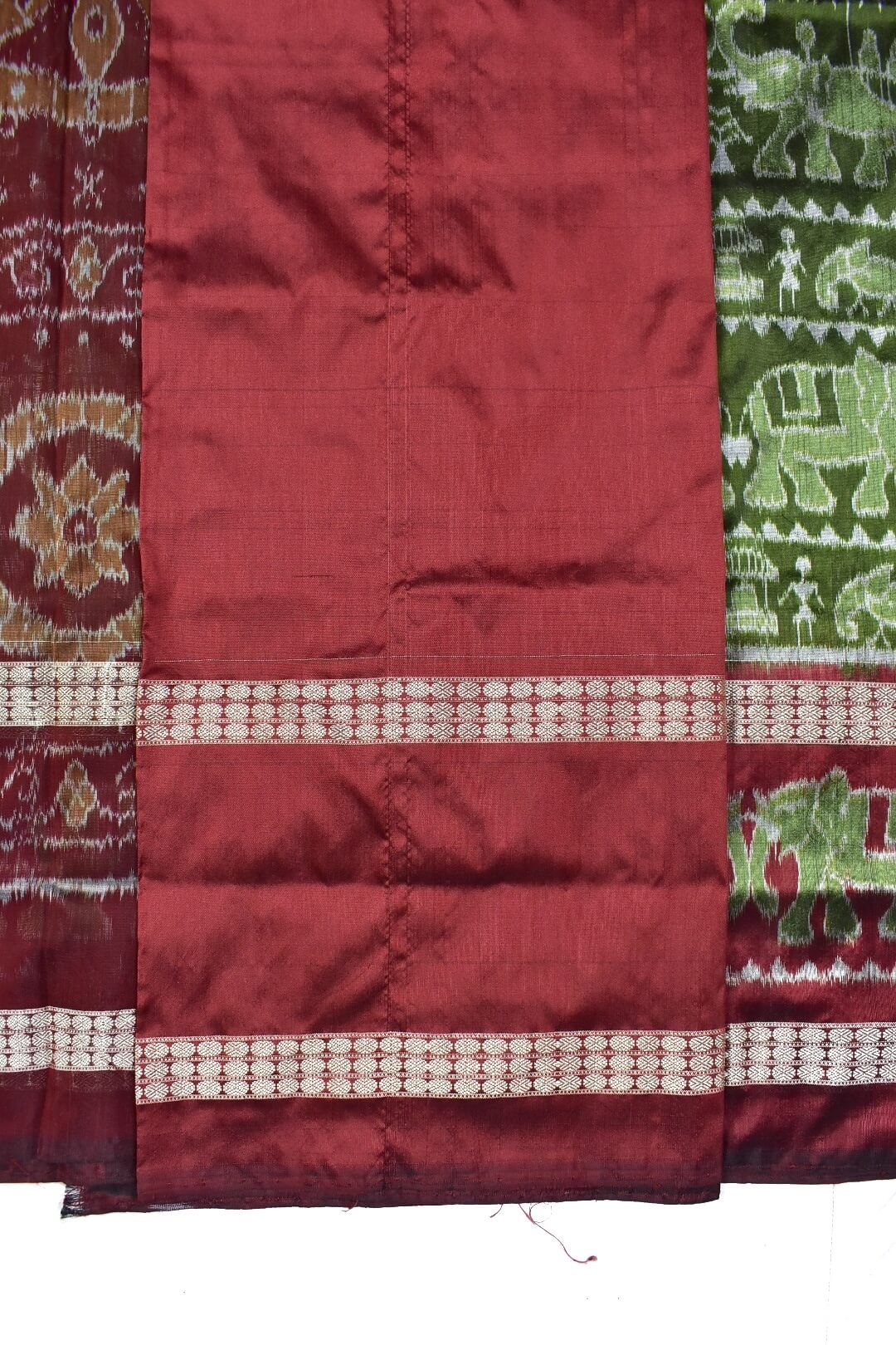 Mahendi Colour Elephant Design Double Border Sambalpuri Handloom Bandha Silk Saree - Image 5