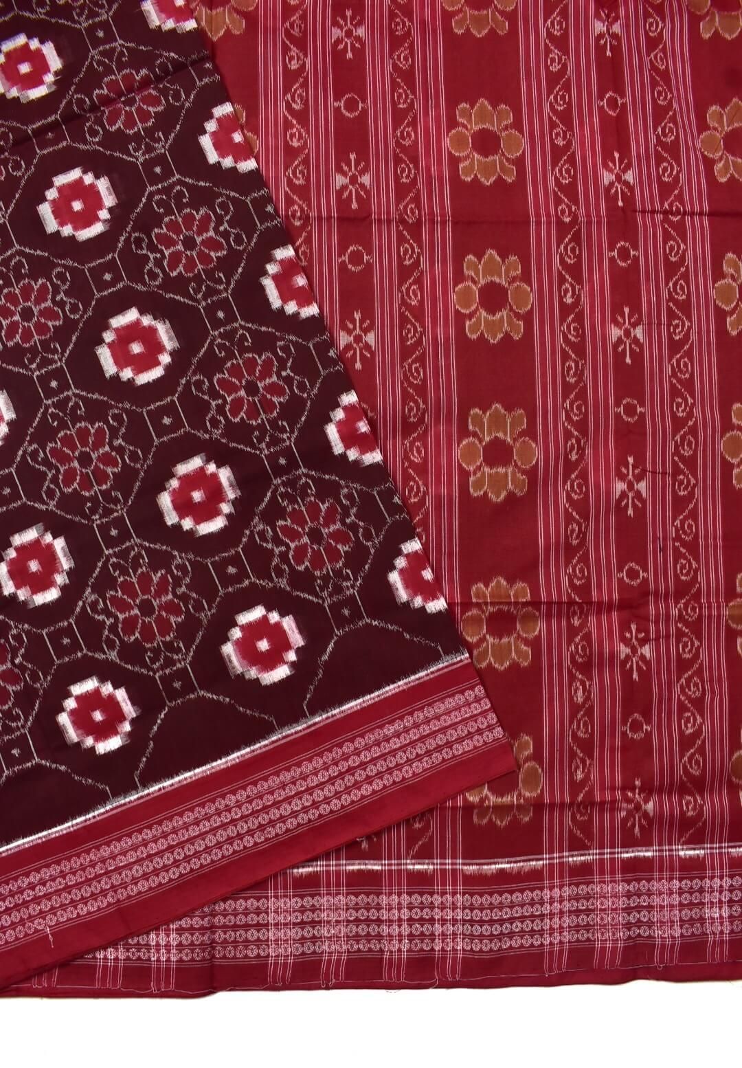 Maroon Colour Square Design Sambalpuri Handloom Cotton Saree - Image 3