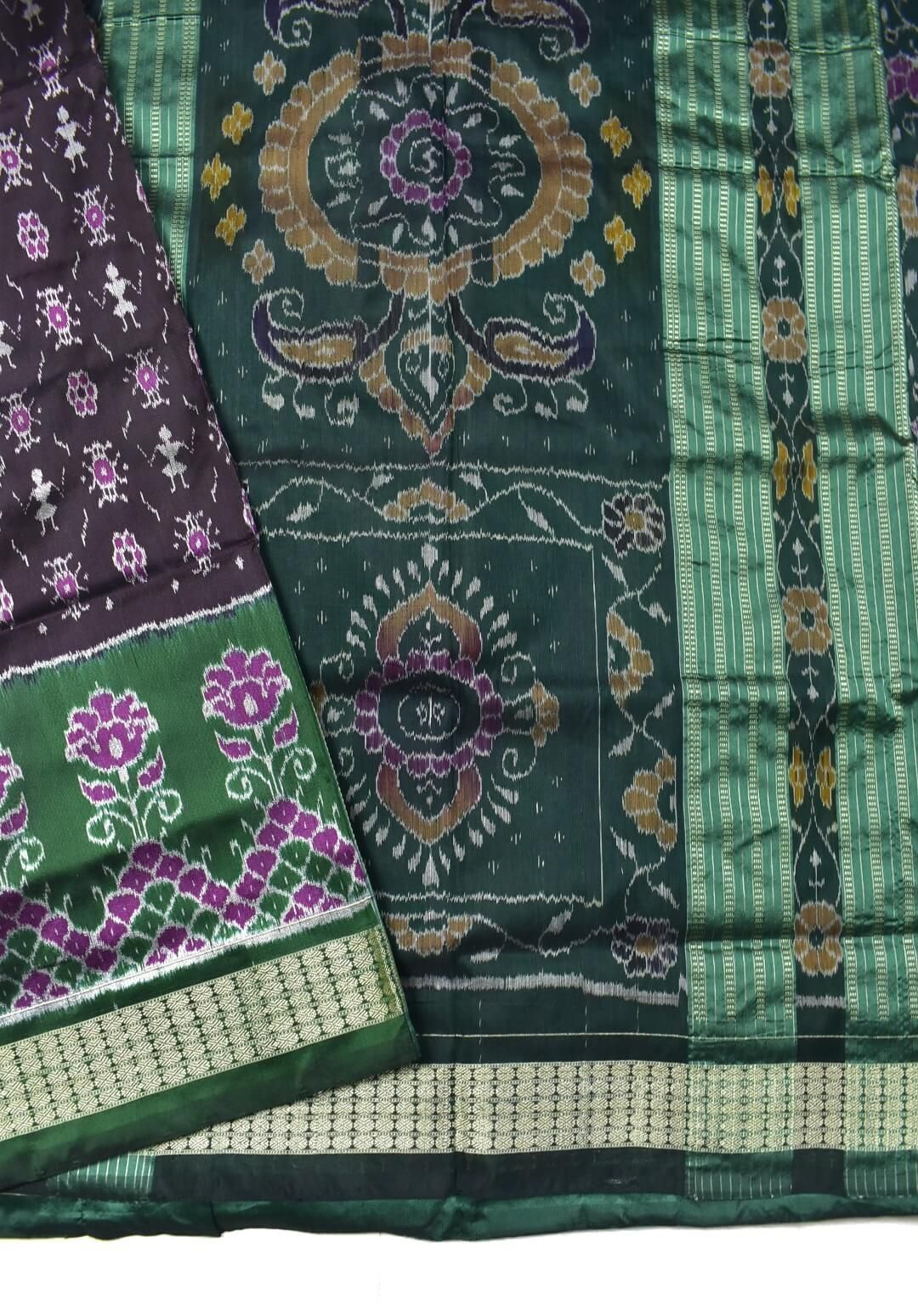Coffe-Green Combination Patli Design Sambalpuri Handloom Silk Saree - Image 3