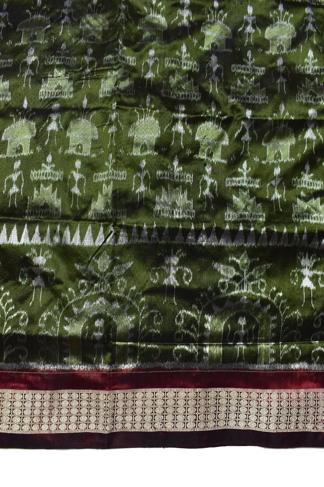 Mahendi-Maroon Combination Patli Design Sambalpuri Handloom Silk Saree - Image 5
