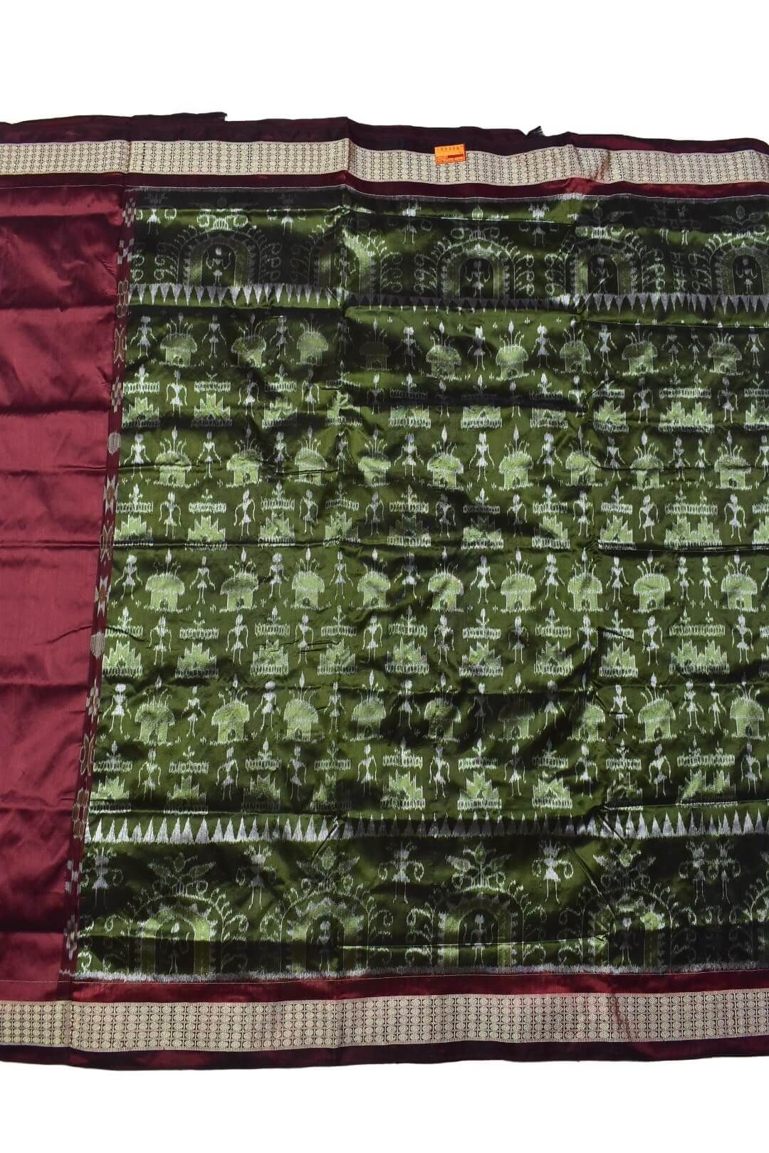 Mahendi-Maroon Combination Patli Design Sambalpuri Handloom Silk Saree