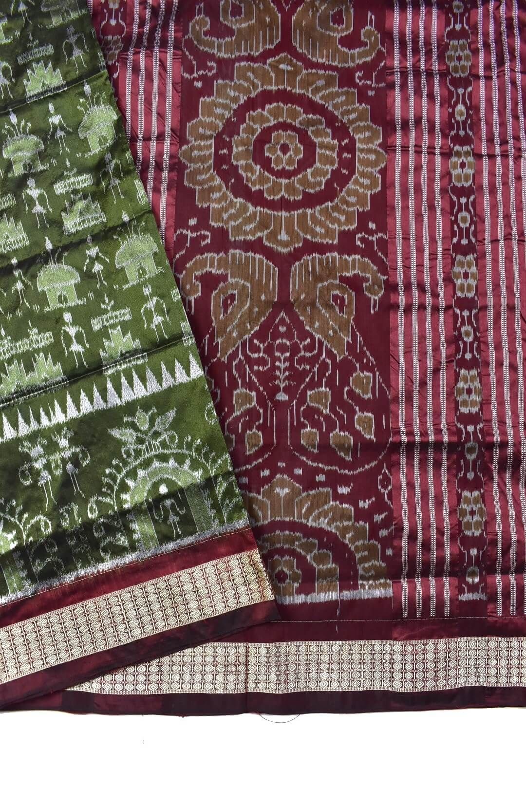 Mahendi-Maroon Combination Patli Design Sambalpuri Handloom Silk Saree - Image 3