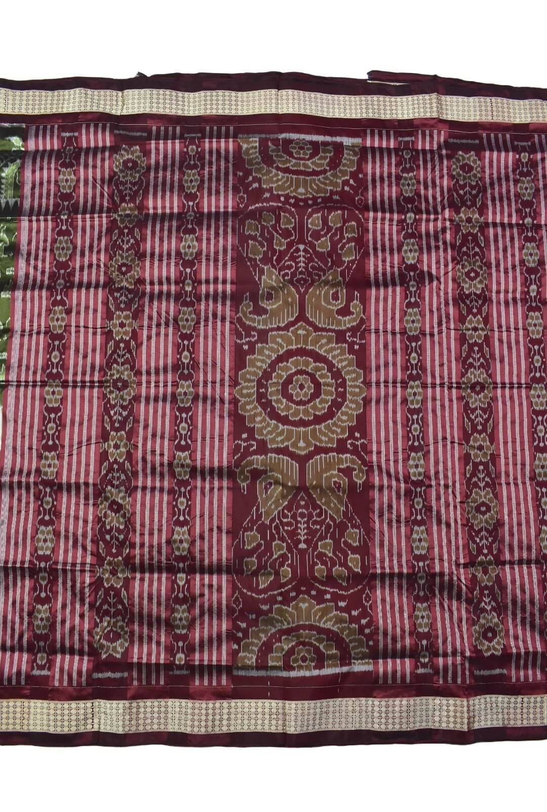 Mahendi-Maroon Combination Patli Design Sambalpuri Handloom Silk Saree - Image 2