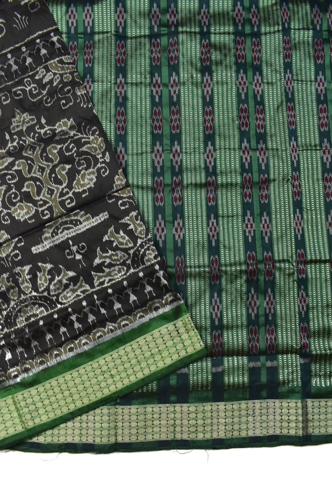Black-Green Combination Patli Design Sambalpuri Handloom Silk Saree - Image 3