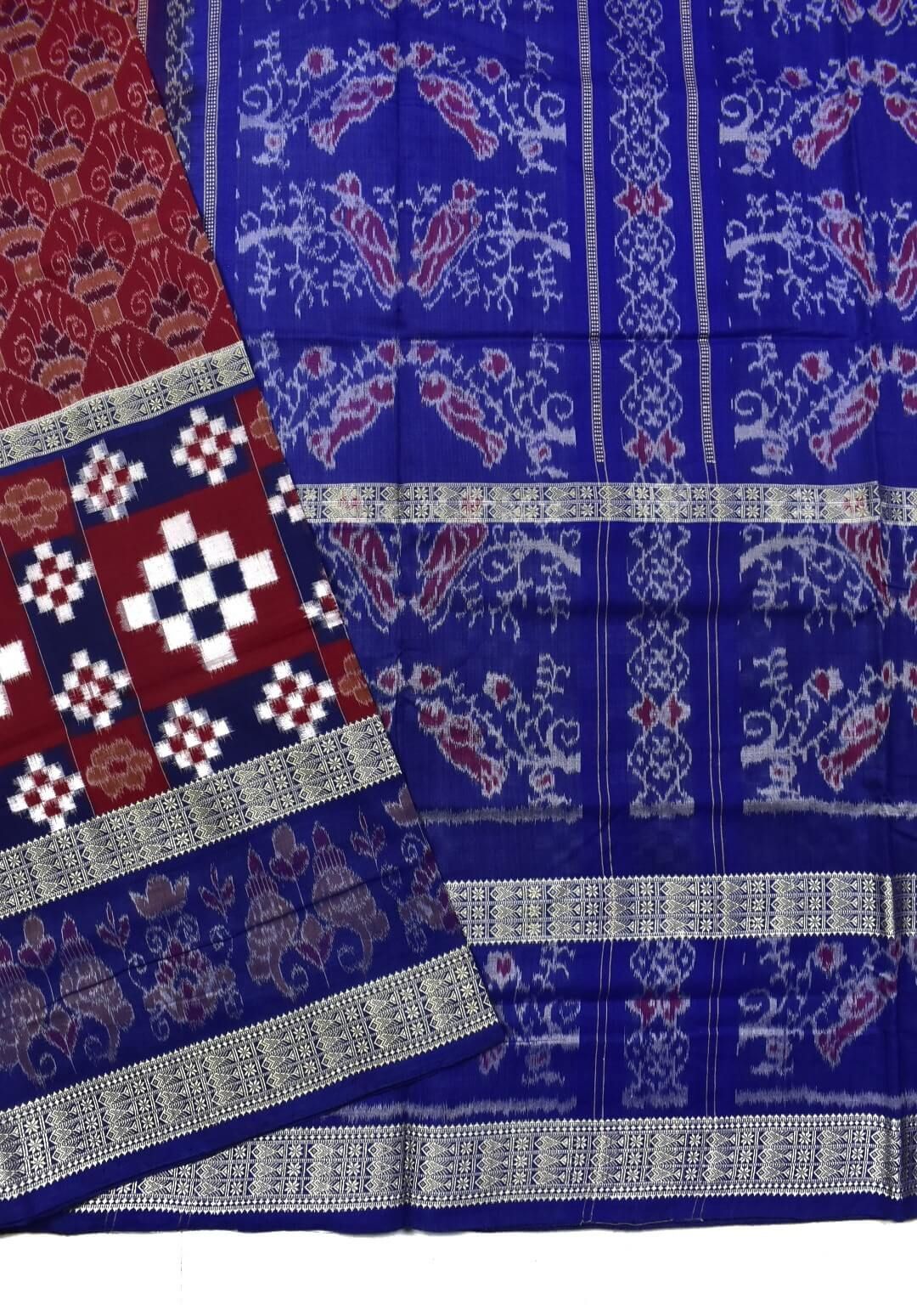Red-Blue Pasapali Design Sambalpuri Handloom Bandha Cotton Saree - Image 3