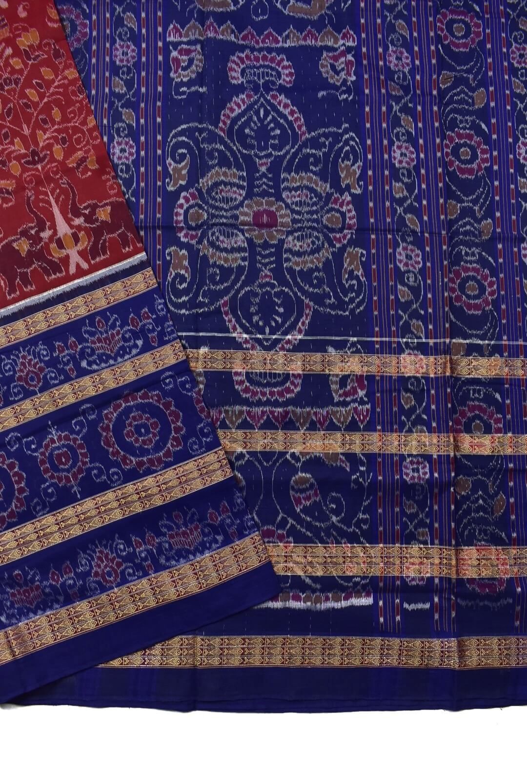 Red-Blue Combination Sambalpuri Handloom Cotton Saree - Image 3
