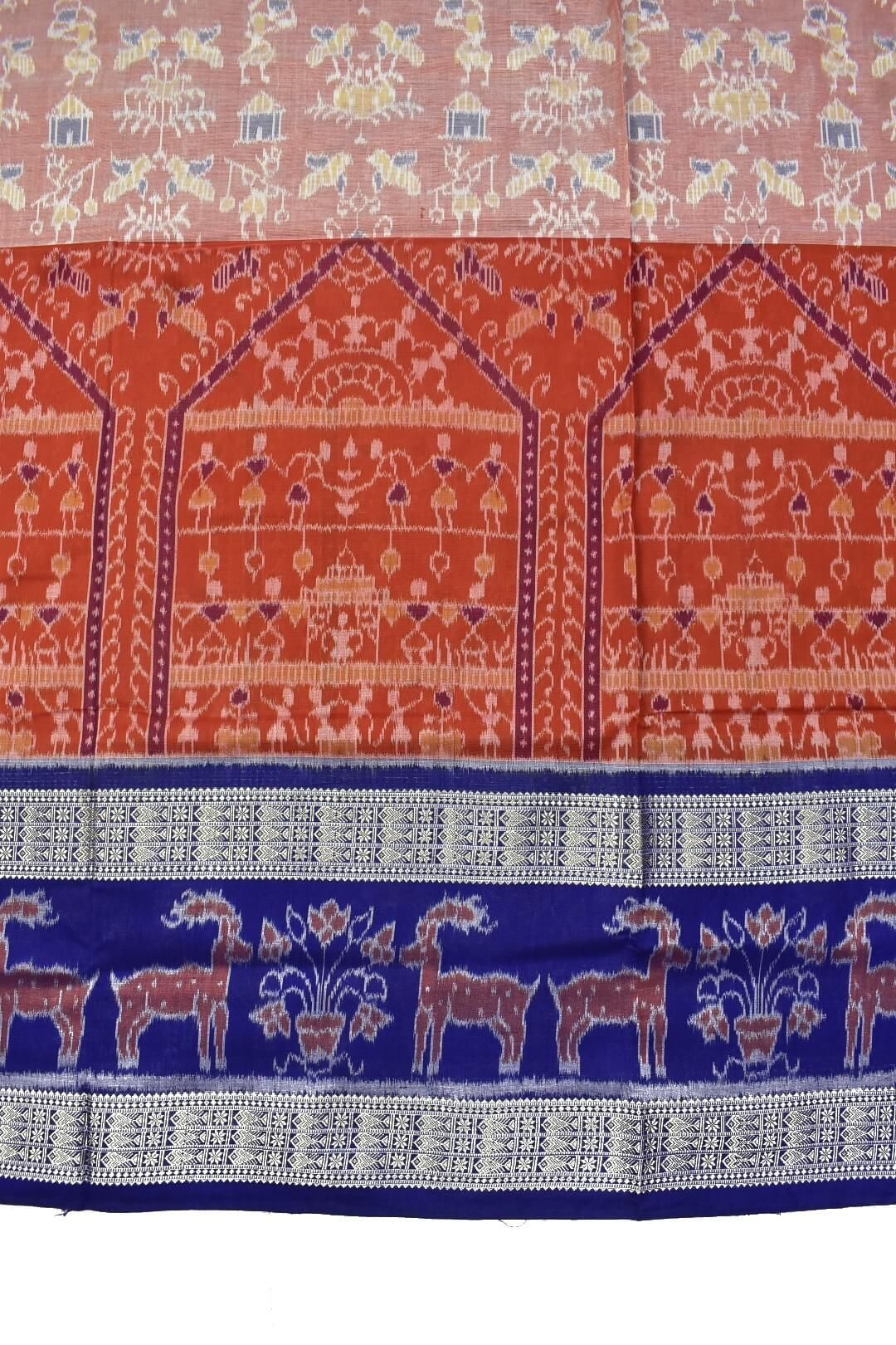 Orange Colour Double Border Sambalpuri Handloom Bandha Cotton Saree - Image 4