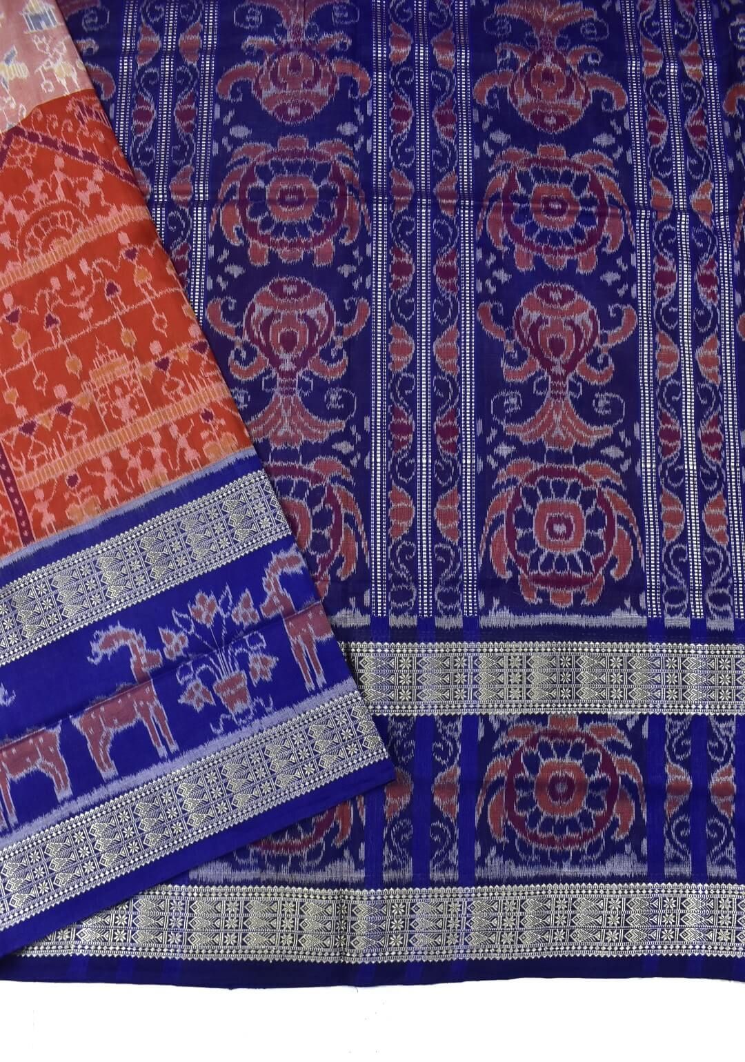Orange Colour Double Border Sambalpuri Handloom Bandha Cotton Saree - Image 3