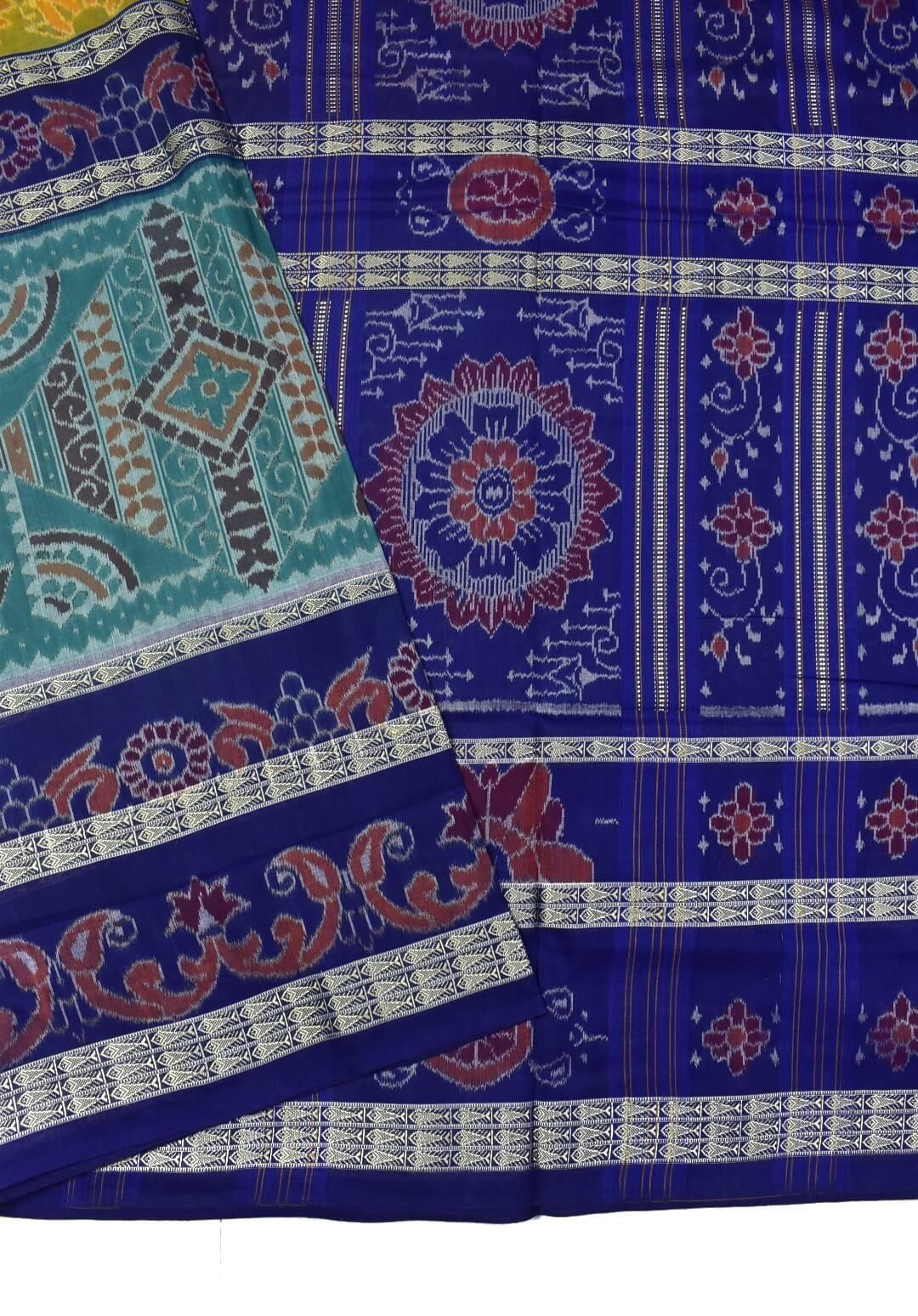 Rama Green-Yellow Combination Sambalpuri Handloom Bandha Cotton Saree - Image 3