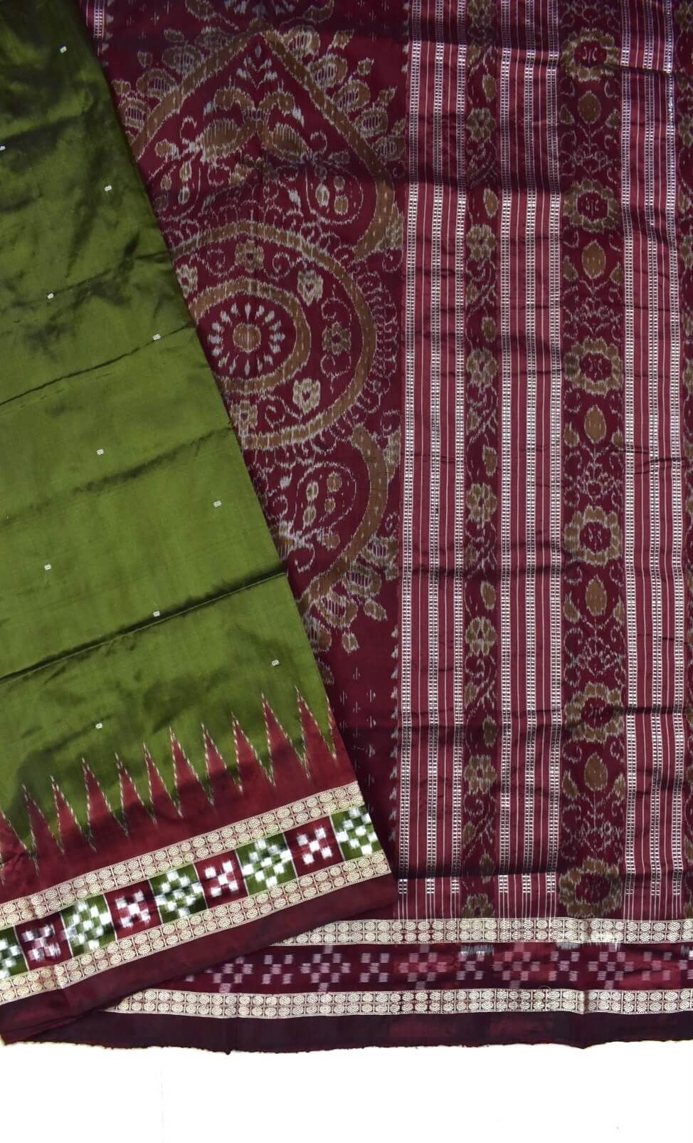 Mahendi Colour Pasapali Border Sambalpuri Handloom Bandha Silk Saree - Image 3