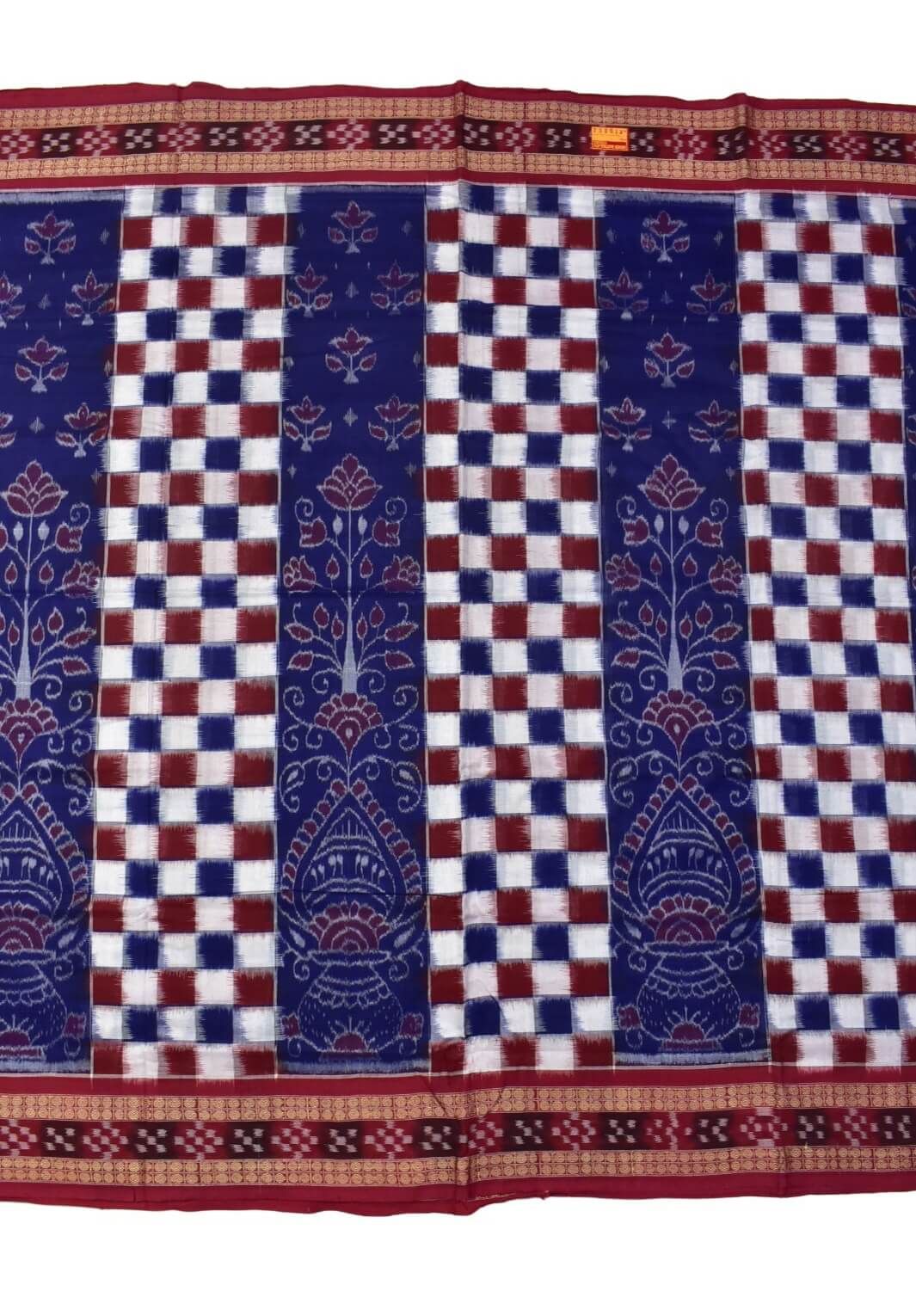 Blue-Red Check Design Sambalpuri Handloom Cotton Saree