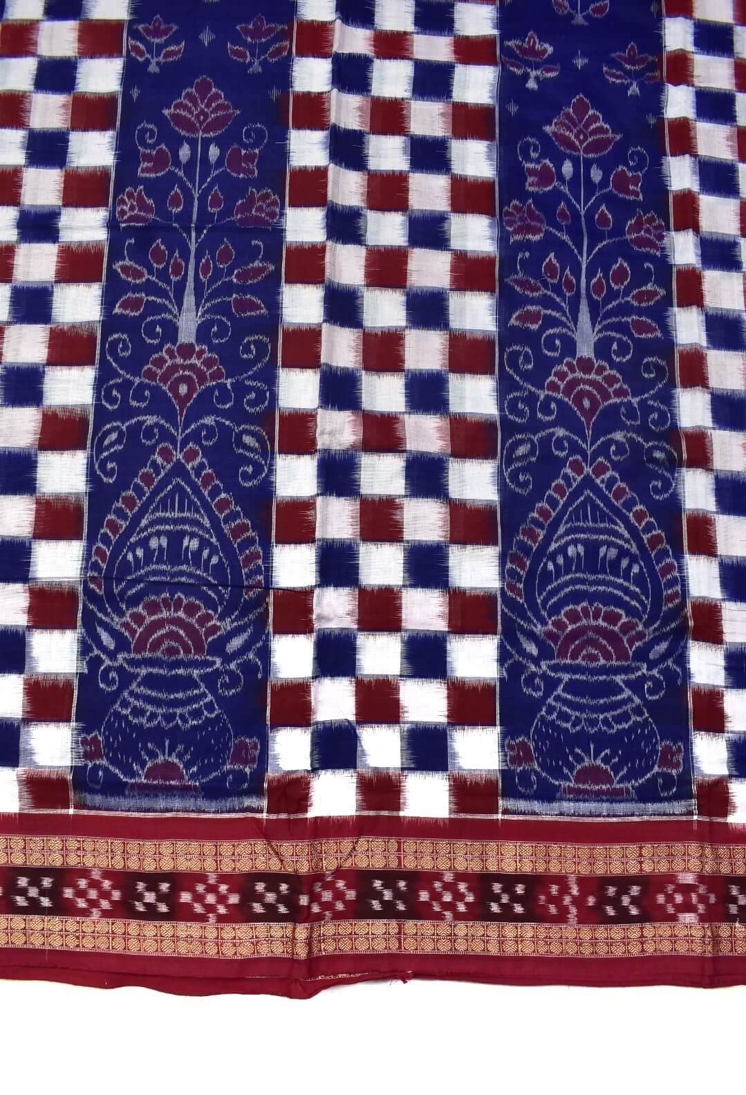 Blue-Red Check Design Sambalpuri Handloom Cotton Saree - Image 4