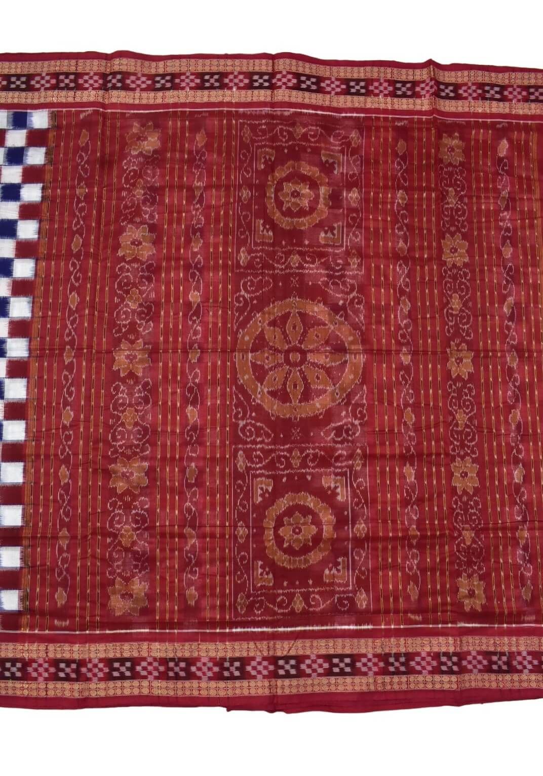 Blue-Red Check Design Sambalpuri Handloom Cotton Saree - Image 2