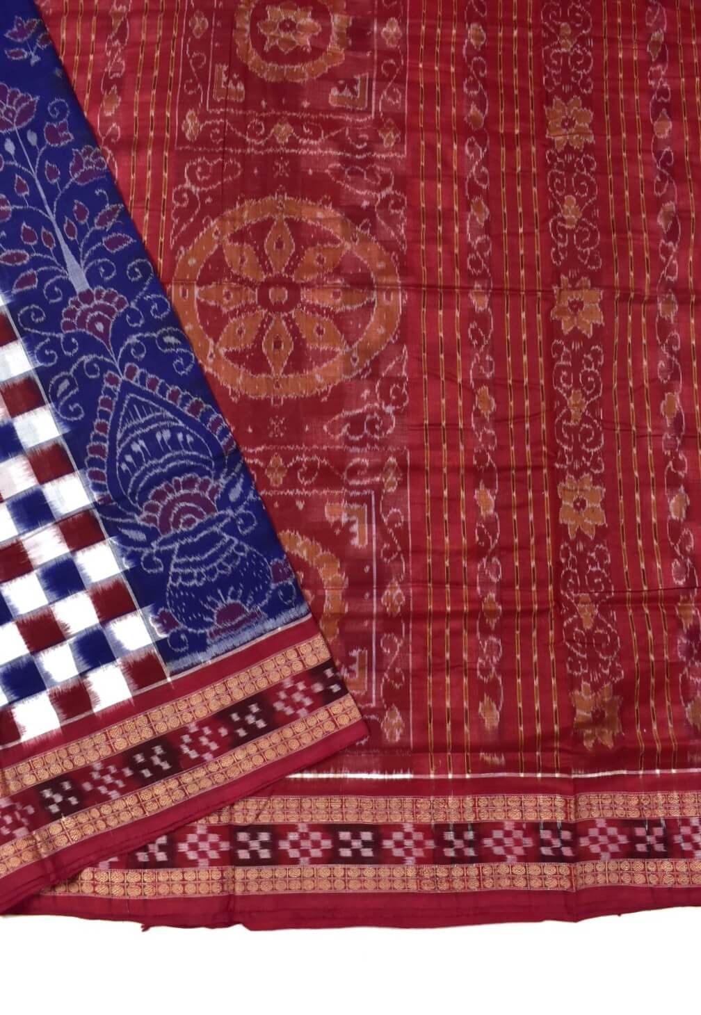 Blue-Red Check Design Sambalpuri Handloom Cotton Saree - Image 3