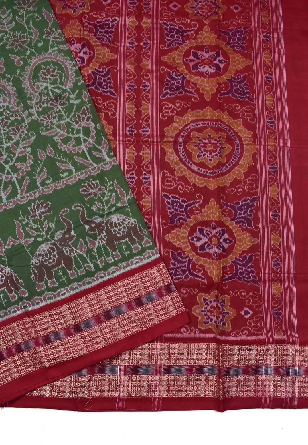 Mahendi Colour Elephant Design Sambalpuri Handloom Cotton Saree - Image 3