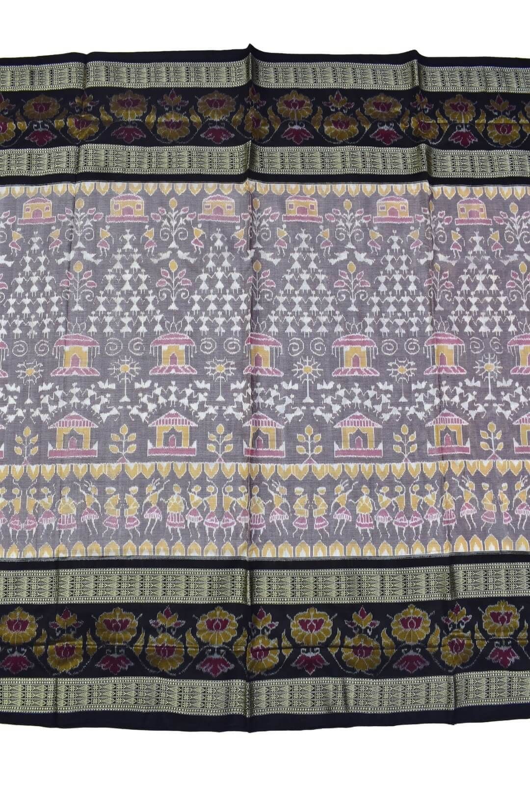 Lite Colour Tribal Design Double Border Sambalpuri Handloom Cotton Bandha Saree