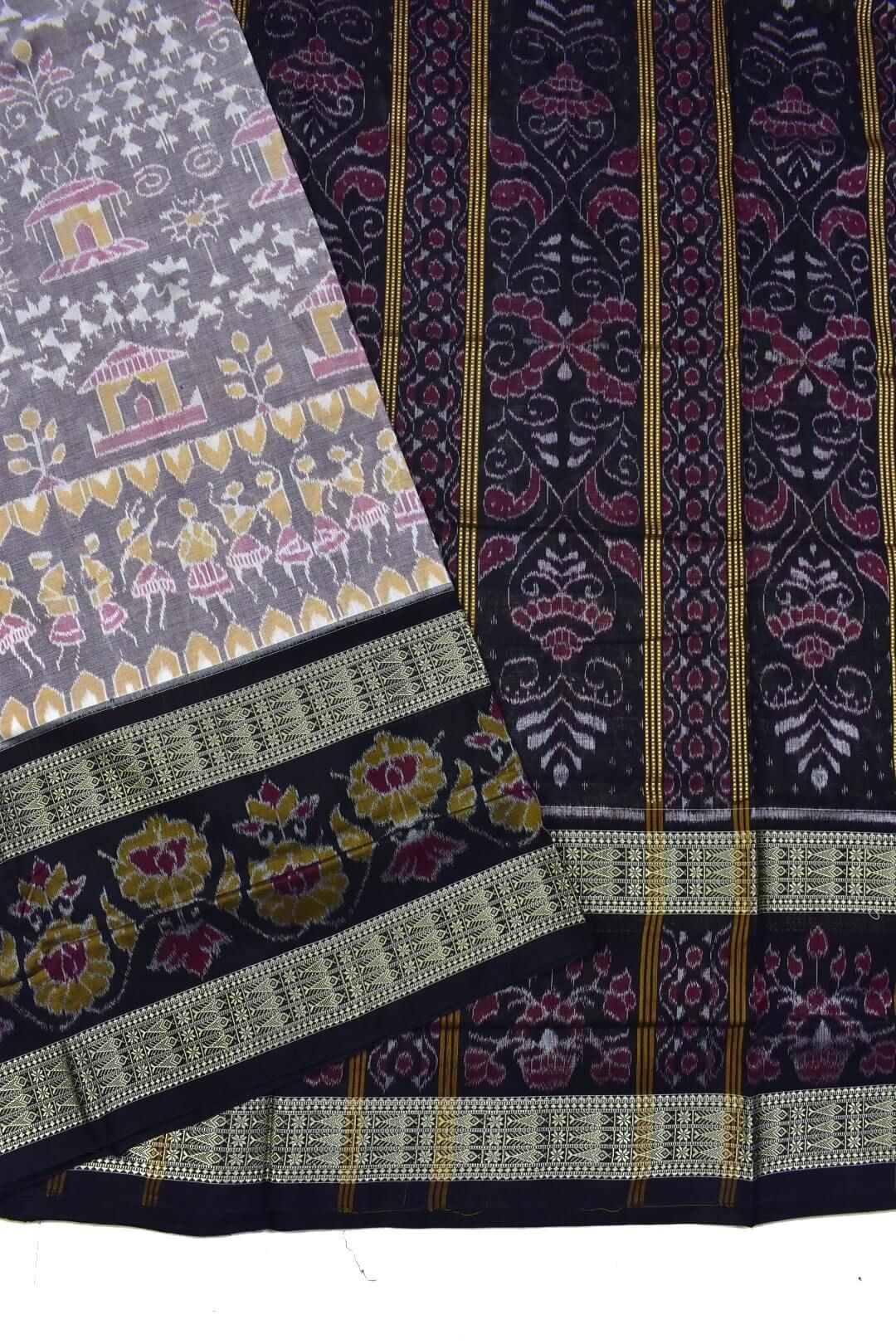 Lite Colour Tribal Design Double Border Sambalpuri Handloom Cotton Bandha Saree - Image 3