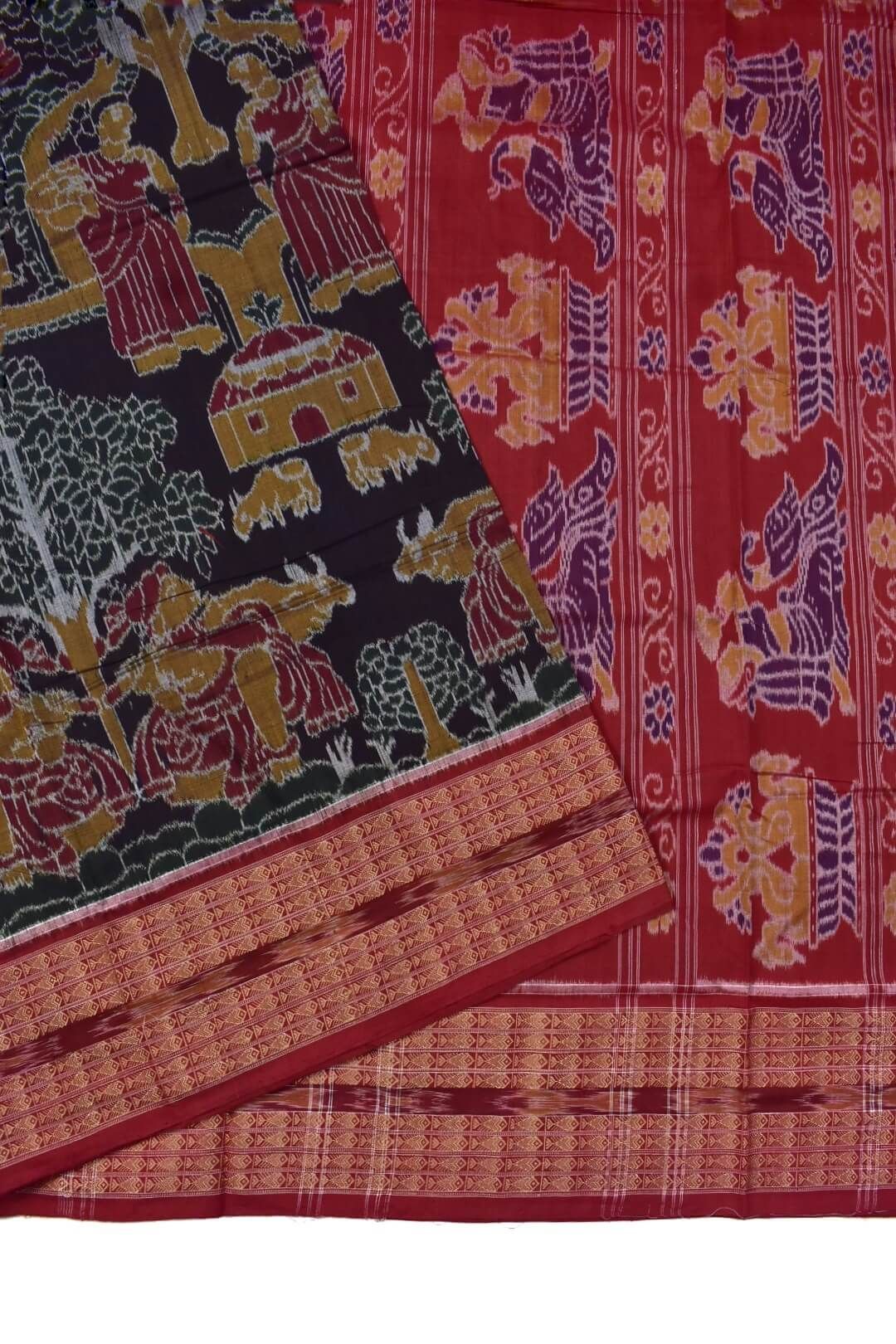 Coffe Colour Ama Gaon Design Sambalpuri Handloom Cotton Bandha Saree - Image 3