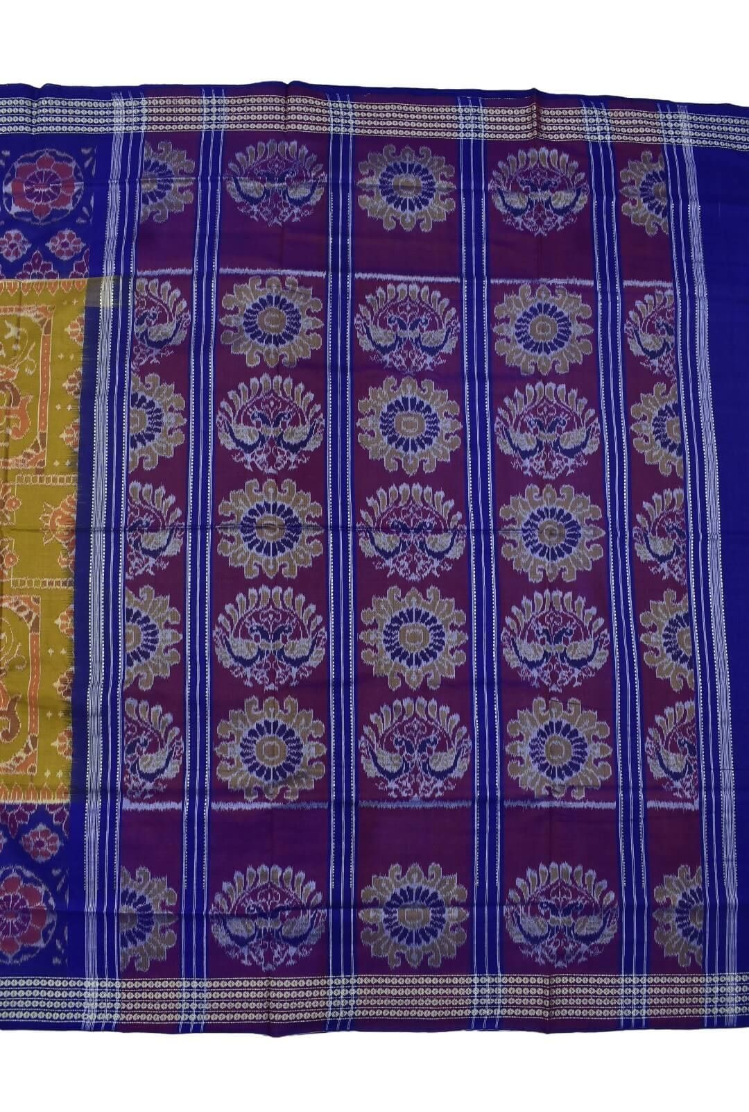 Mustard-Blue Combination Sambalpuri Handloom Cotton Bandha Saree - Image 2