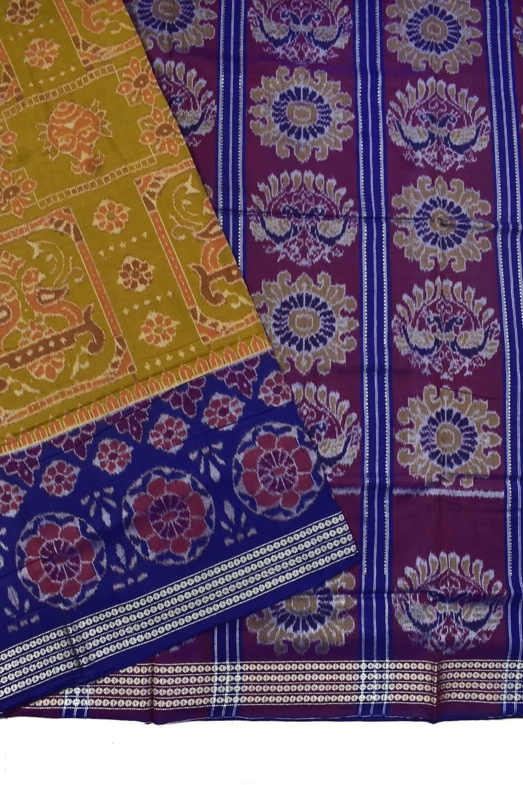Mustard-Blue Combination Sambalpuri Handloom Cotton Bandha Saree - Image 3
