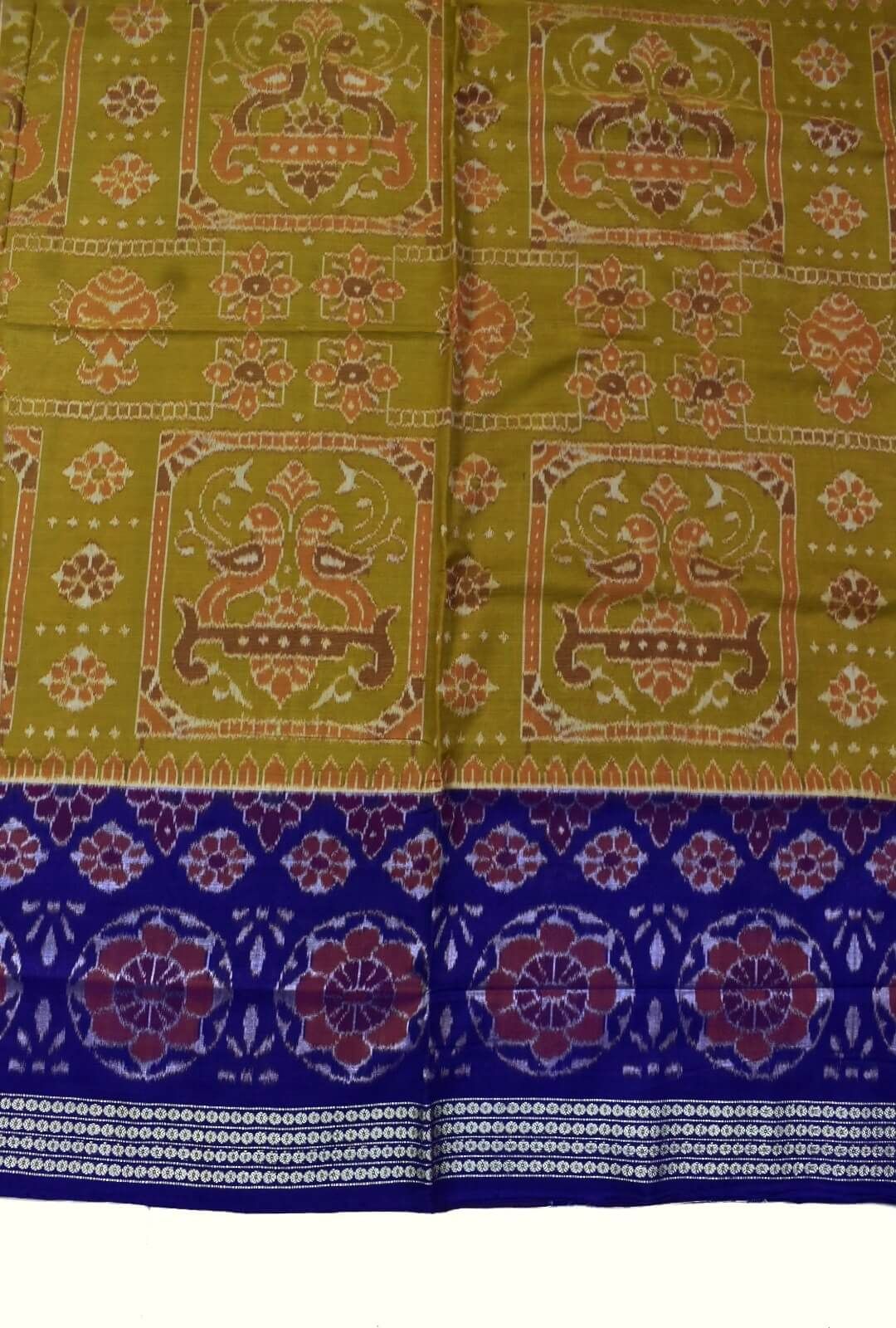 Mustard-Blue Combination Sambalpuri Handloom Cotton Bandha Saree - Image 4