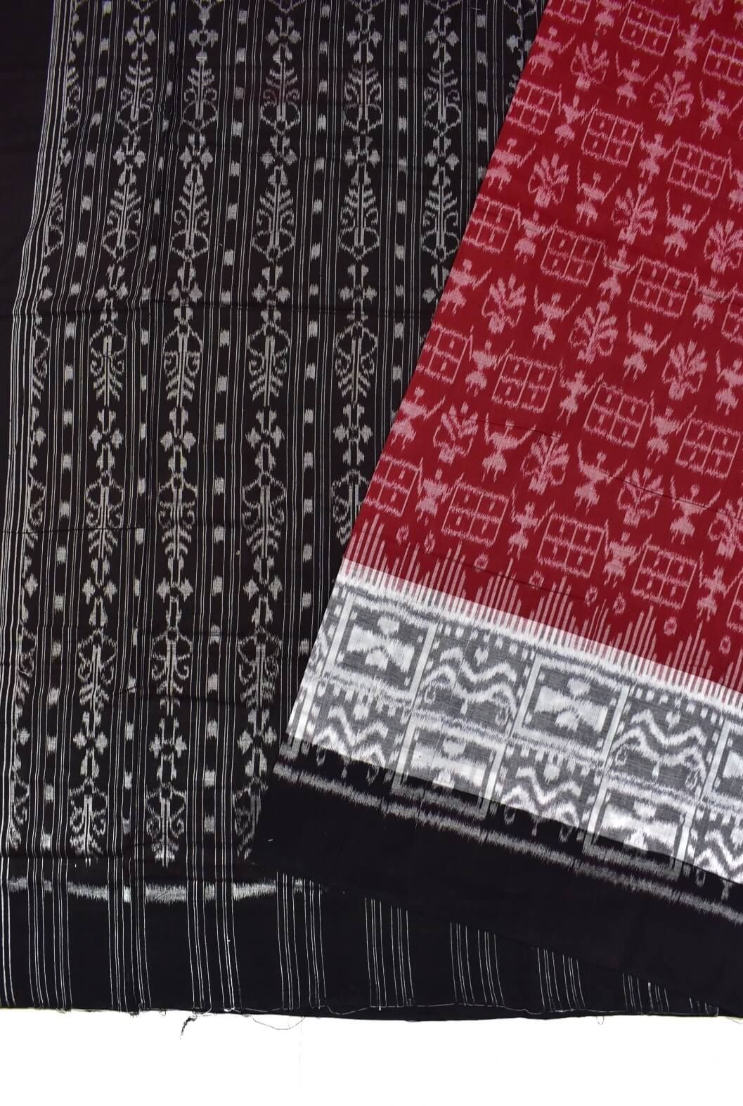 Red-Black Plane Border Sambalpuri Handloom Cotton Saree - Image 3