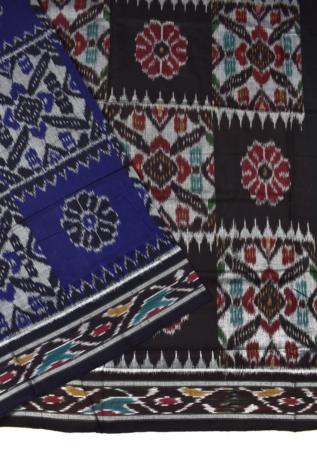 Blue-Gray Combination Sambalpuri Handloom Mania Bandha Cotton Saree - Image 3