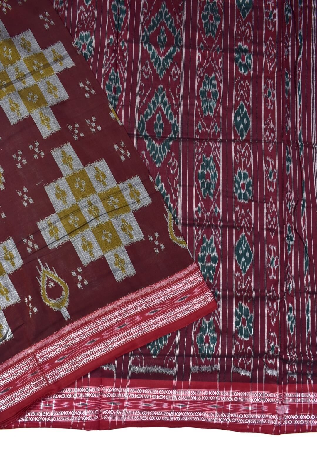 Maroon Colour Pasapali Design Sambalpuri Handloom Mania Bandha Cotton Saree - Image 3