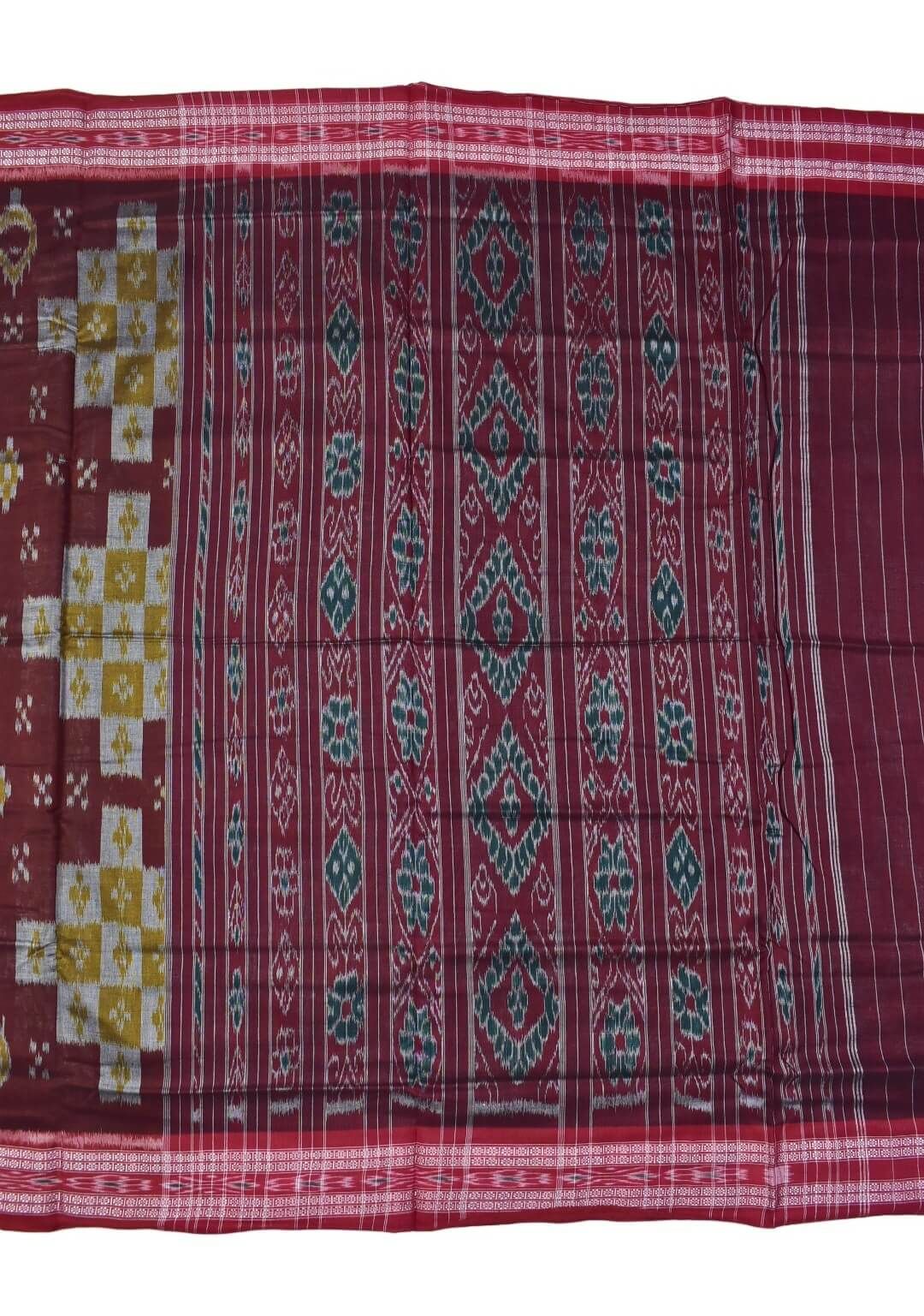 Maroon Colour Pasapali Design Sambalpuri Handloom Mania Bandha Cotton Saree - Image 2