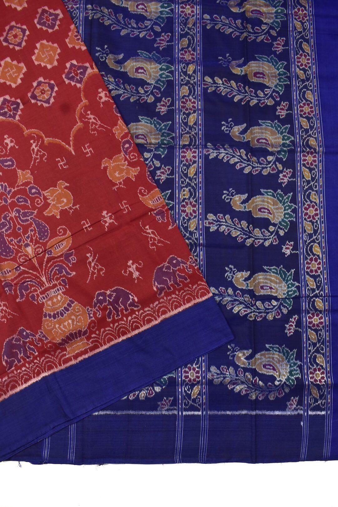 Red Colour Plane Border Sambalpuri Handloom Cotton Saree - Image 3