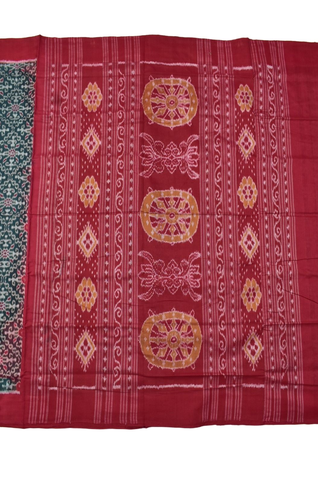 Green Colour Plane Border Sambalpuri Handloom Cotton Saree - Image 2