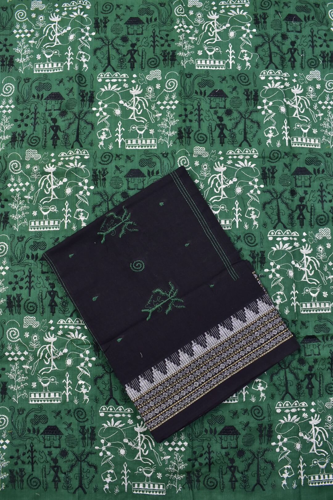 Green Colour Tribal Design Sambalpuri Handloom Bomkai Dress Material - Image 3