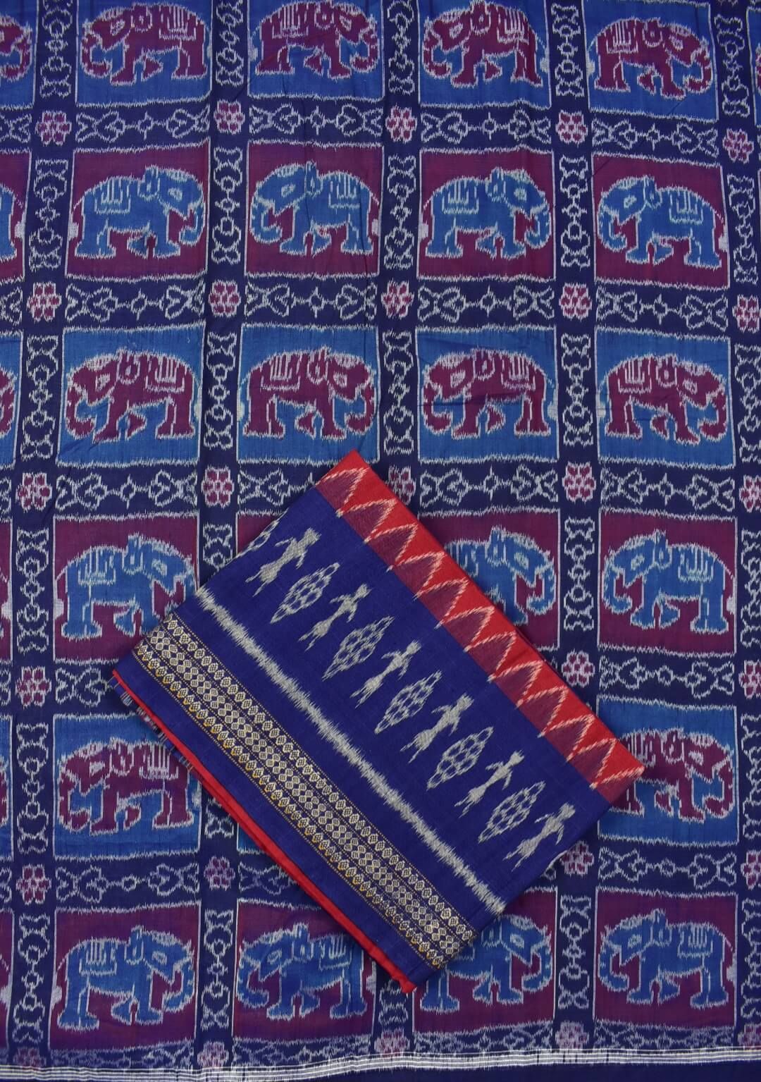 Blue Colour Elephant Design Sambalpuri Handloom Cotton Dress Material - Image 3