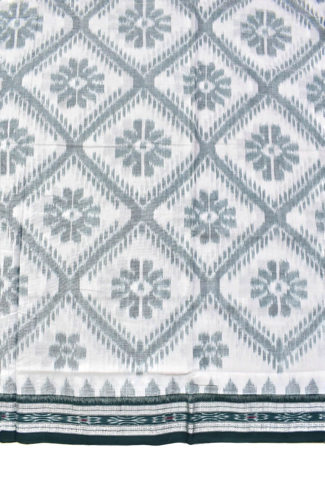 White-Green Combination Sambalpuri Handloom Mania Bandha Cotton Saree - Image 4