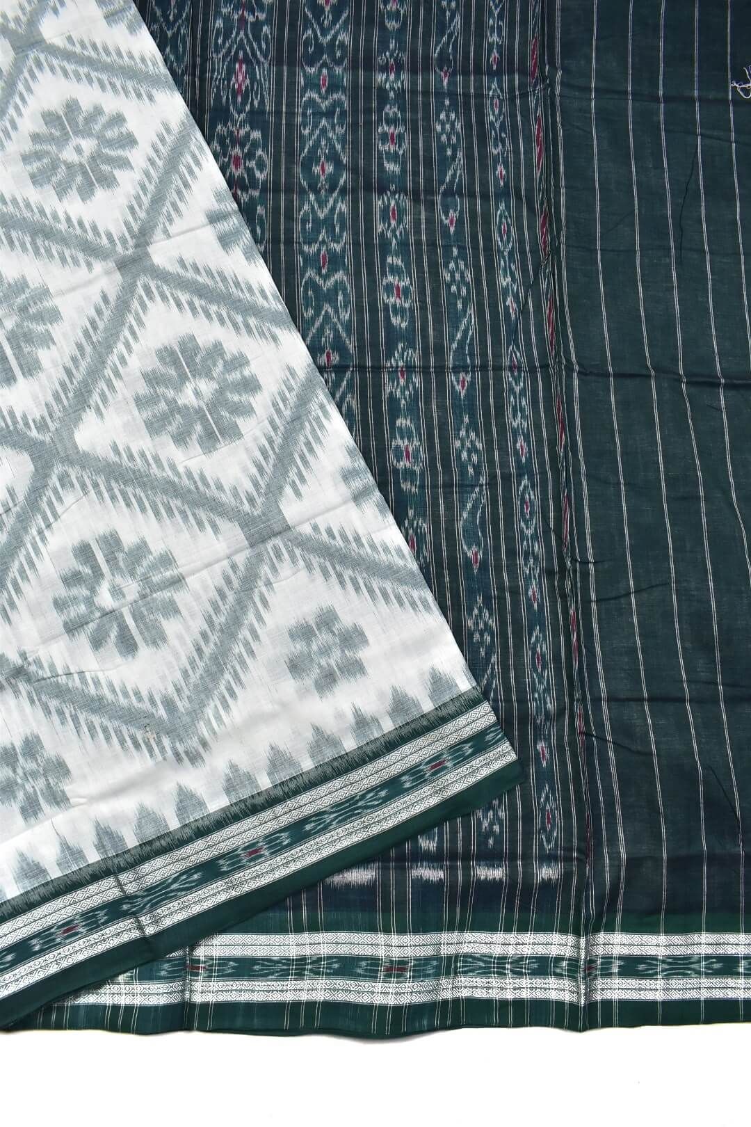 White-Green Combination Sambalpuri Handloom Mania Bandha Cotton Saree - Image 3