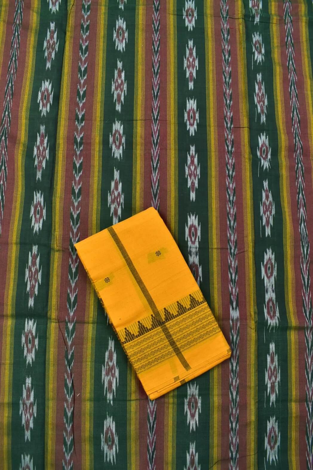 Green Colour Sambalpuri Handloom Cotton Dress Material - Image 3