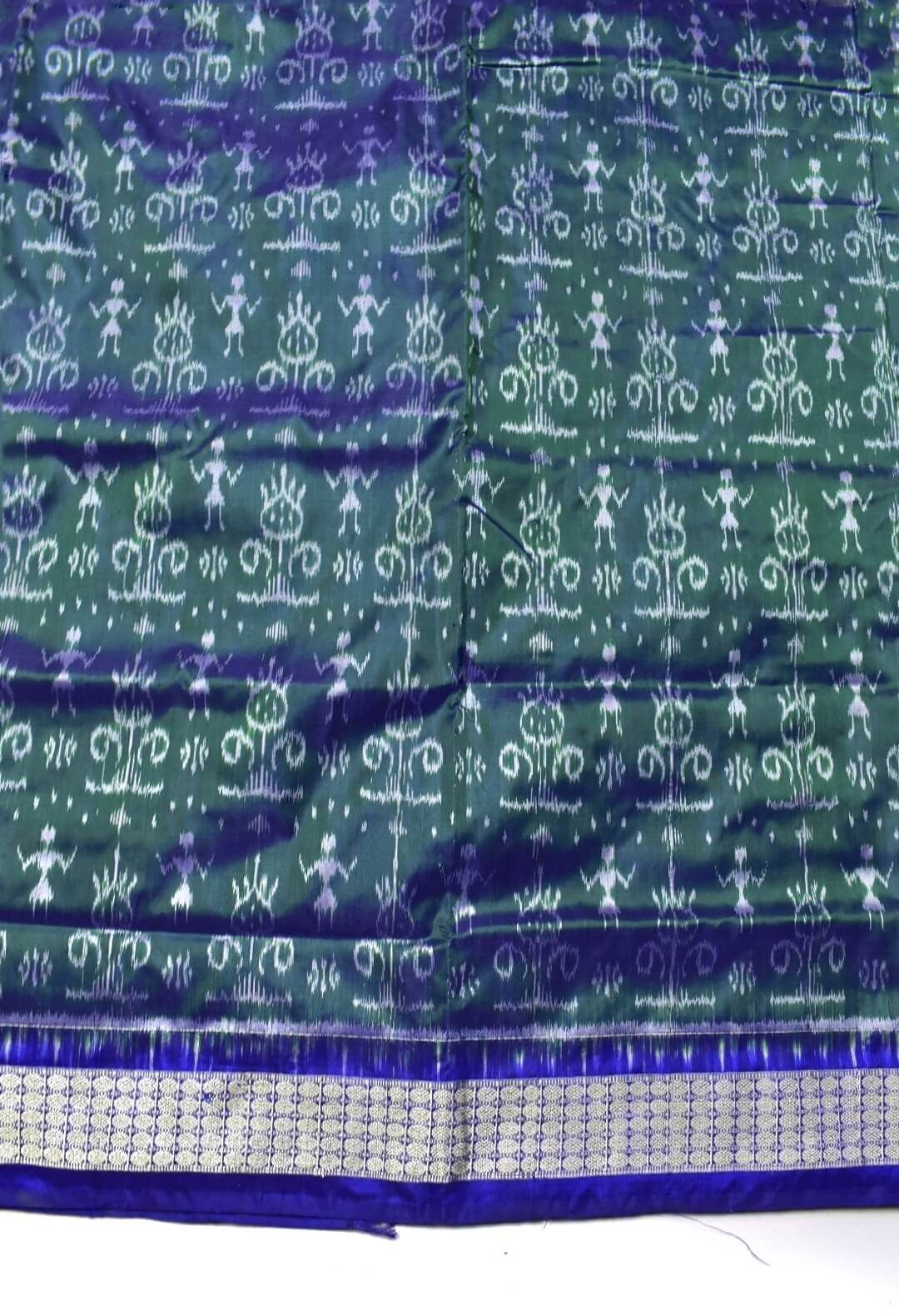 Hunter Green Tribal Design Colour Sambalpuri Handloom Bandha Silk Saree - Image 4