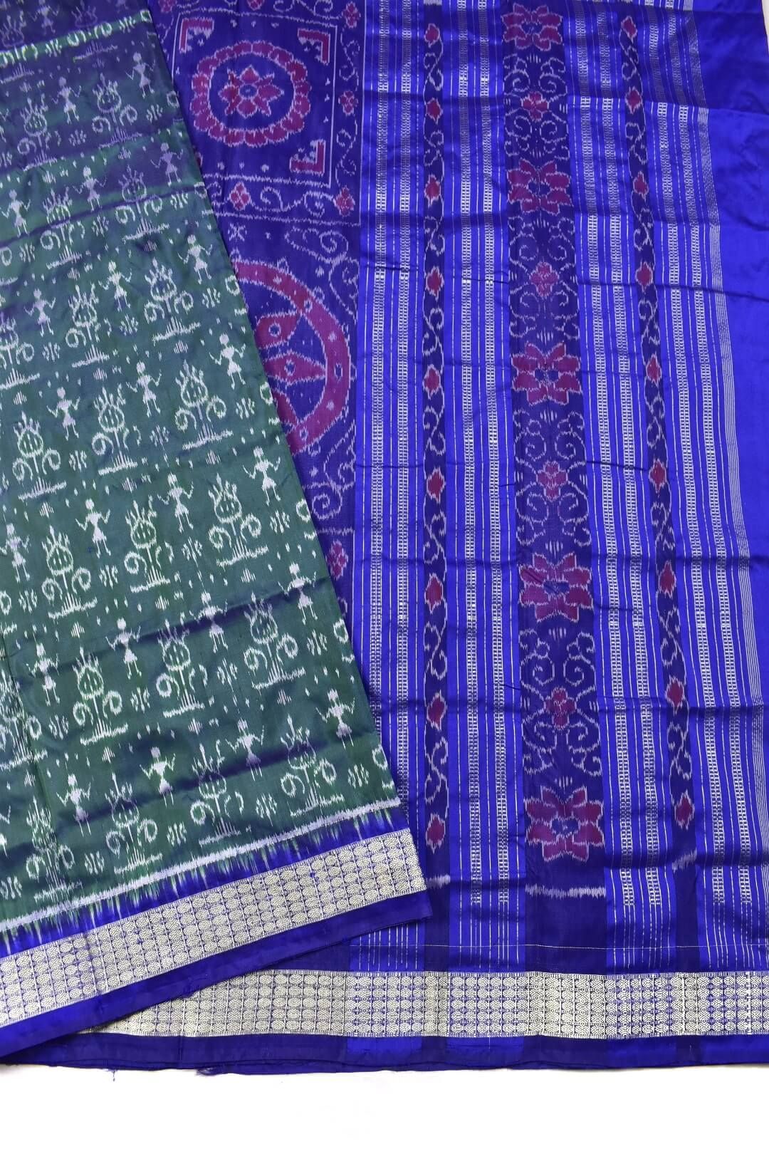 Hunter Green Tribal Design Colour Sambalpuri Handloom Bandha Silk Saree - Image 3