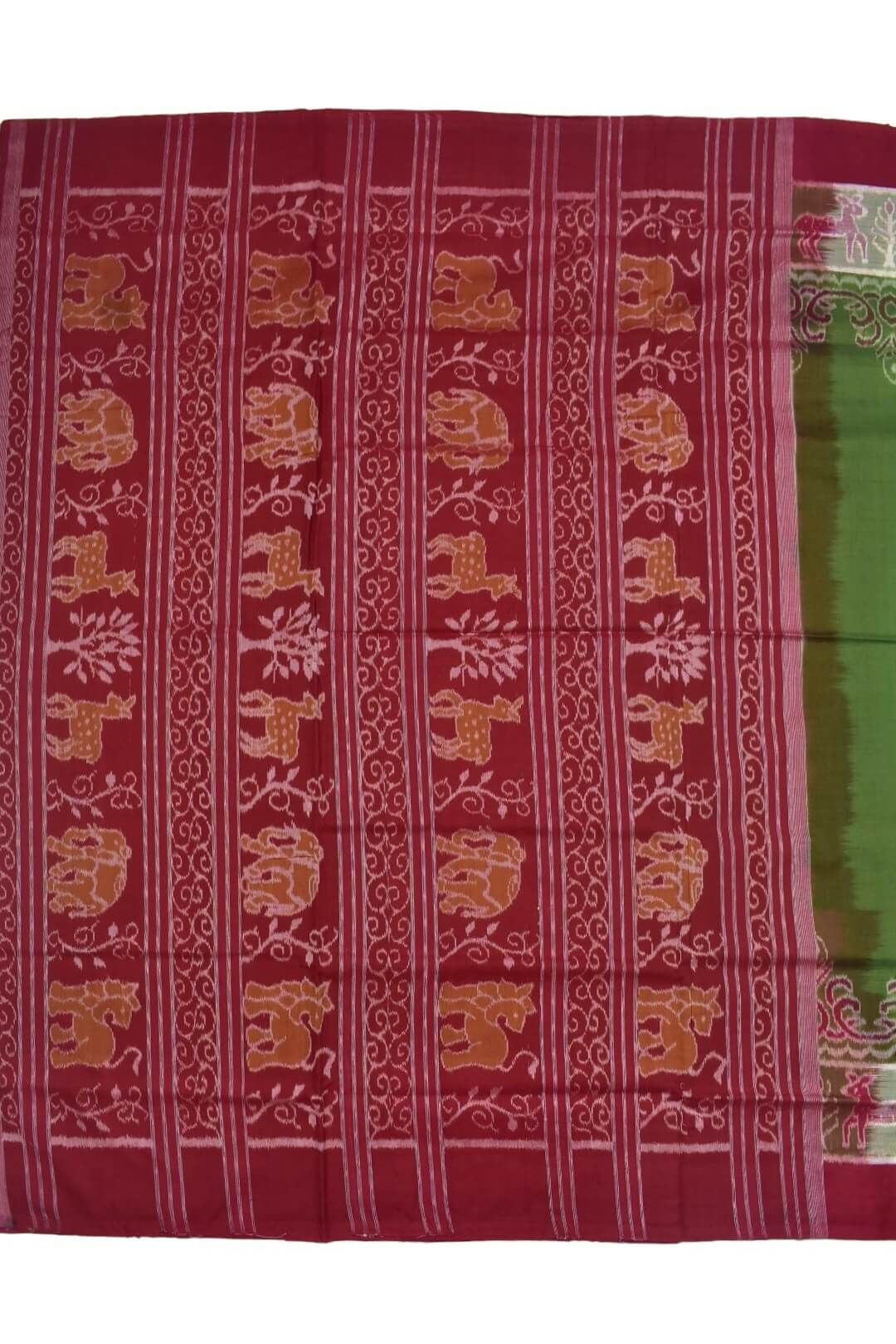Mahendi Colour Plane Border Sambalpuri Handloom Bandha Cotton Saree - Image 2