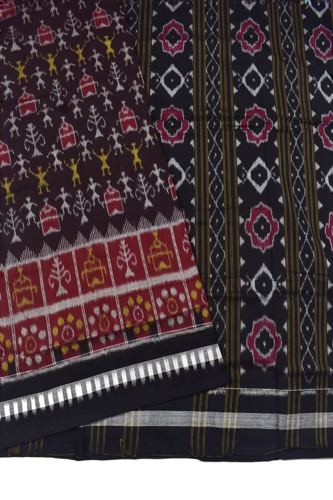 Coffe Colour Tribal Design Plane Border Sambalpuri Handloom Cotton Saree - Image 3