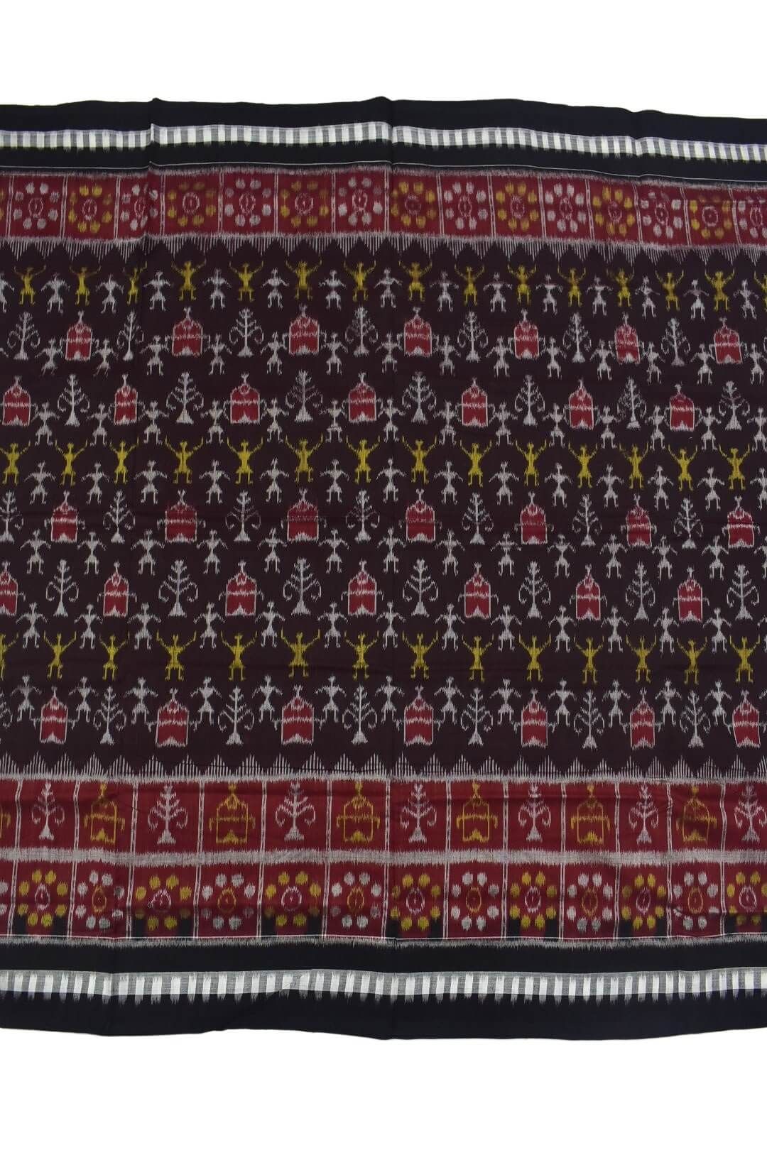 Coffe Colour Tribal Design Plane Border Sambalpuri Handloom Cotton Saree