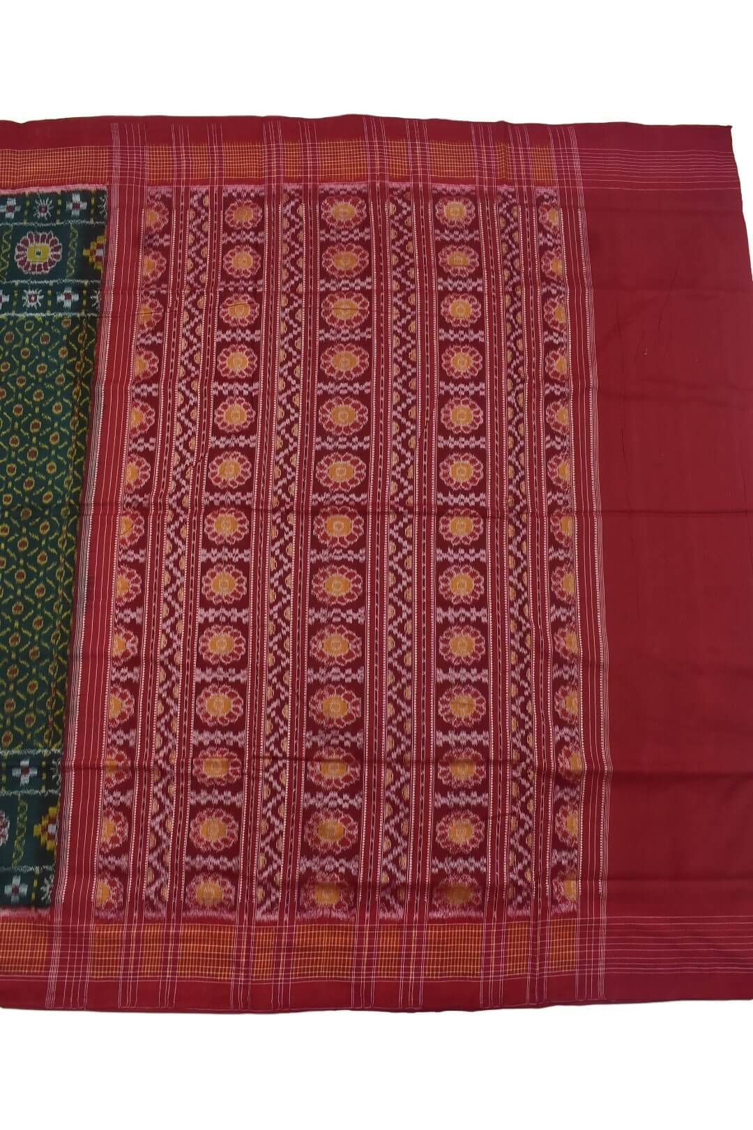 Green Colour Plane Border Sambalpuri Handloom Bandha Cotton Saree - Image 2