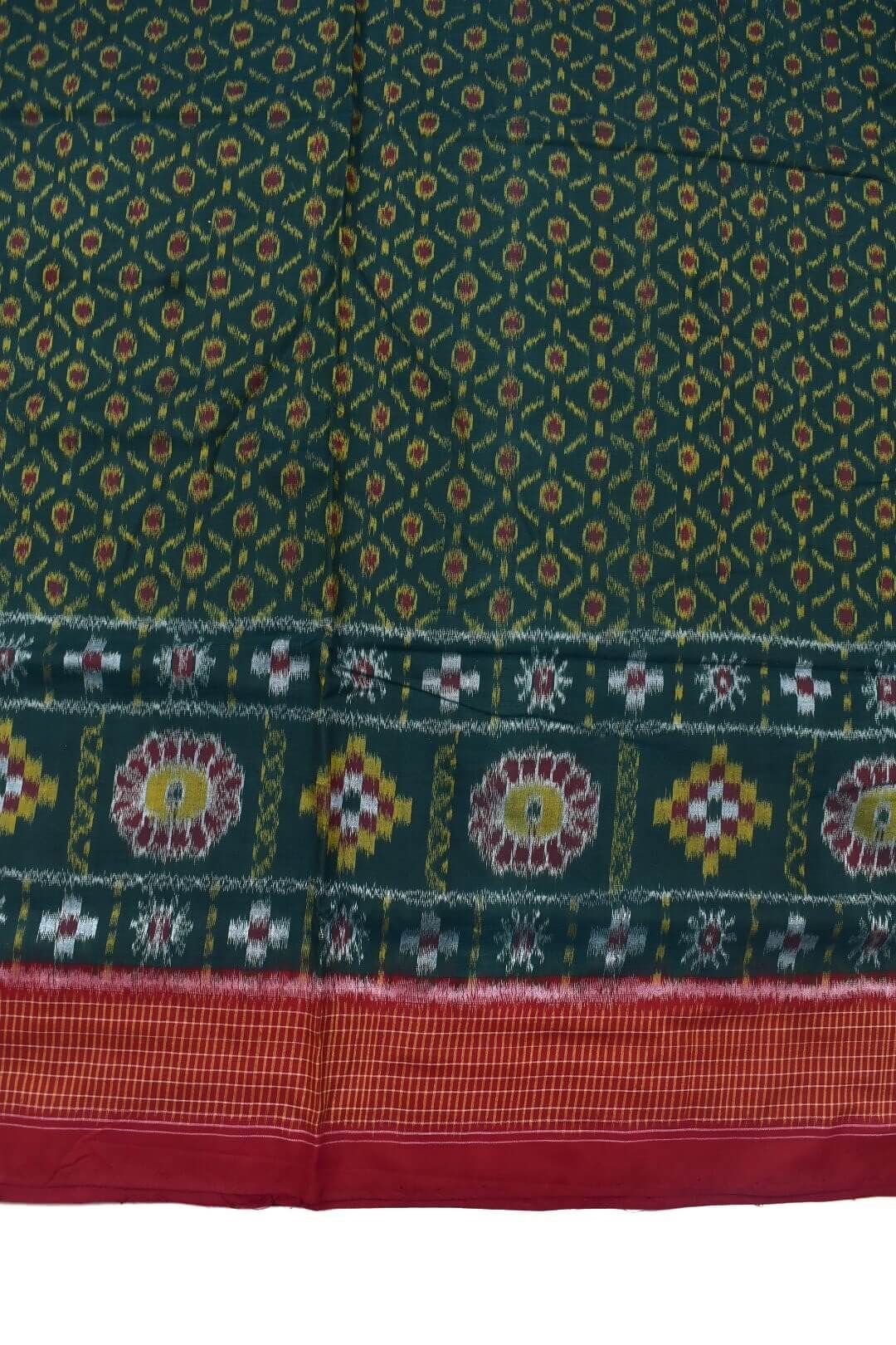 Green Colour Plane Border Sambalpuri Handloom Bandha Cotton Saree - Image 4