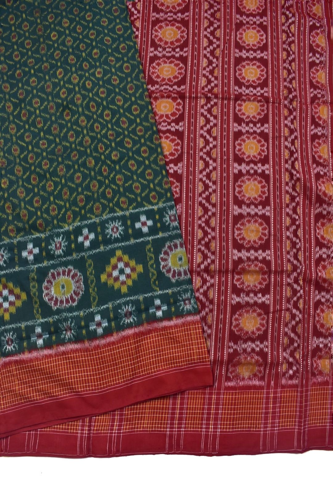 Green Colour Plane Border Sambalpuri Handloom Bandha Cotton Saree - Image 3