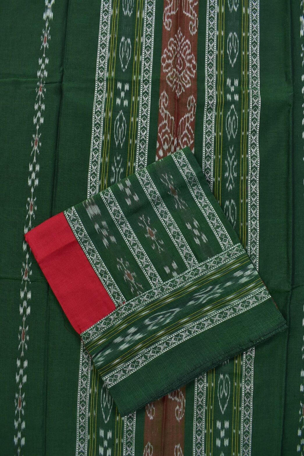Green Colour Sambalpuri Handloom Cotton Bomkai Dress Material - Image 3