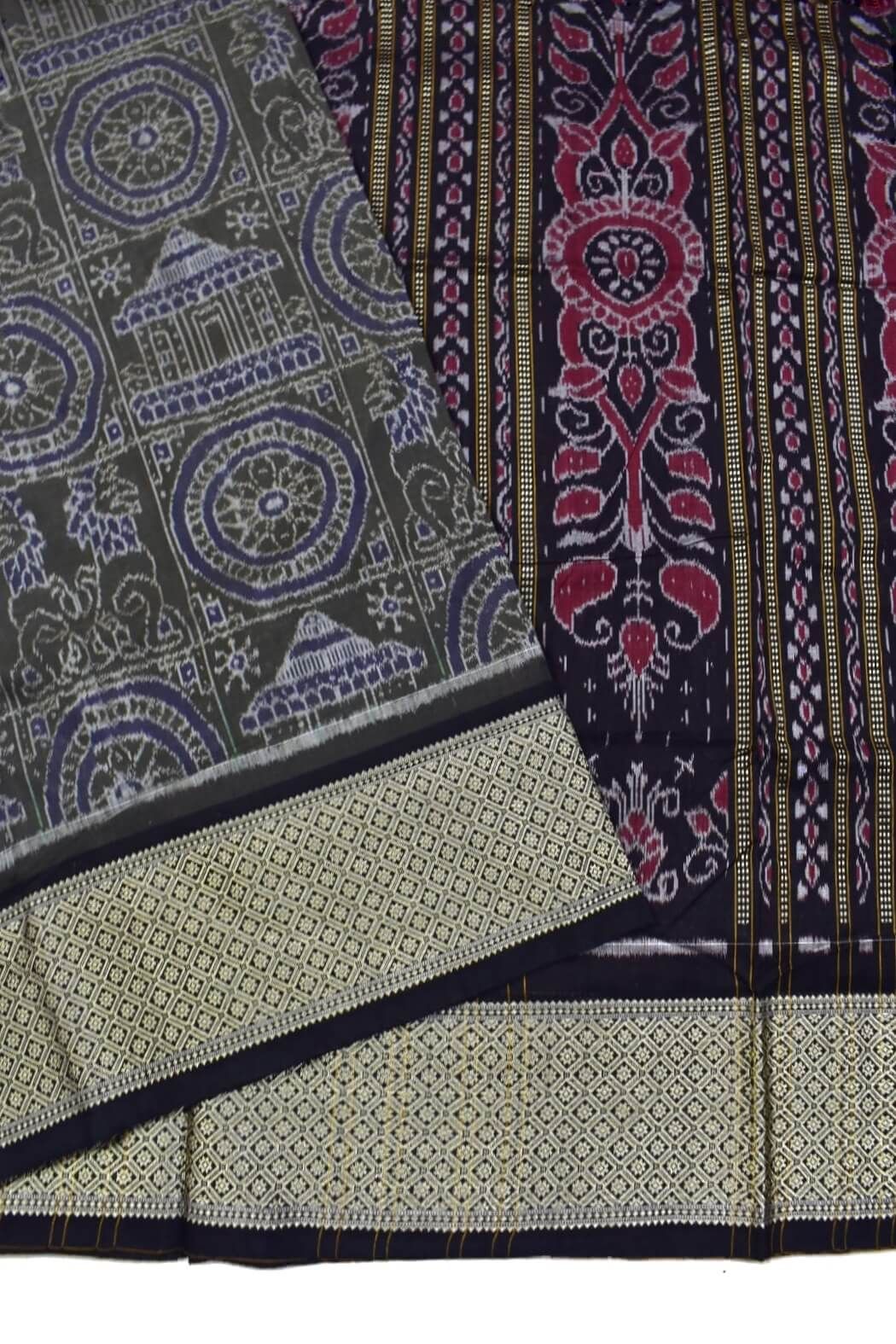 Cement Colour Konark Design Sambalpuri Handloom Cotton Saree - Image 3