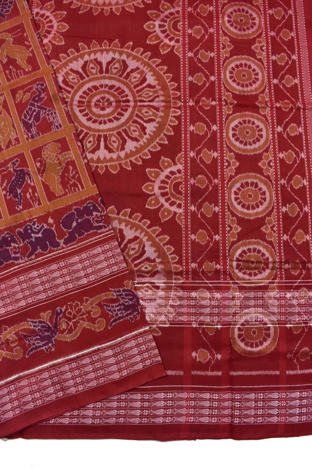 Red Colour Animal Design Sambalpuri Handloom Cotton Saree - Image 3